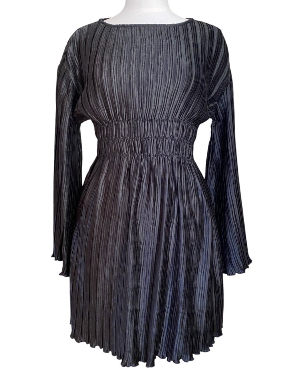 NWOT all row Shayla Plissée Pleated Long Sleeve Smocked Waist Mini Dress Black-S